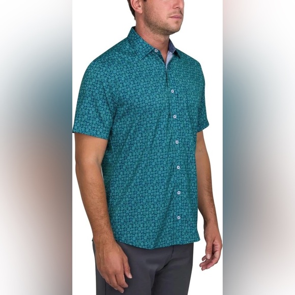 NICK GRAHAM Men's teal blue with floral motif casual button down shirt size L - Picture 2 of 15